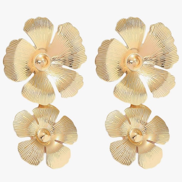 Double Flower Gold Drop Eearrings - Picture 7 of 17